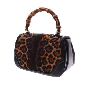 Gucci Leopard Bamboo Black Leather Handbag Bag Harako